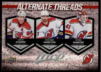 2023-24 Upper Deck MVP Hockey - Alternate Threads - AT-9 Jack Hughes/Dougie Hamilton/Vitek Vanecek - Devils