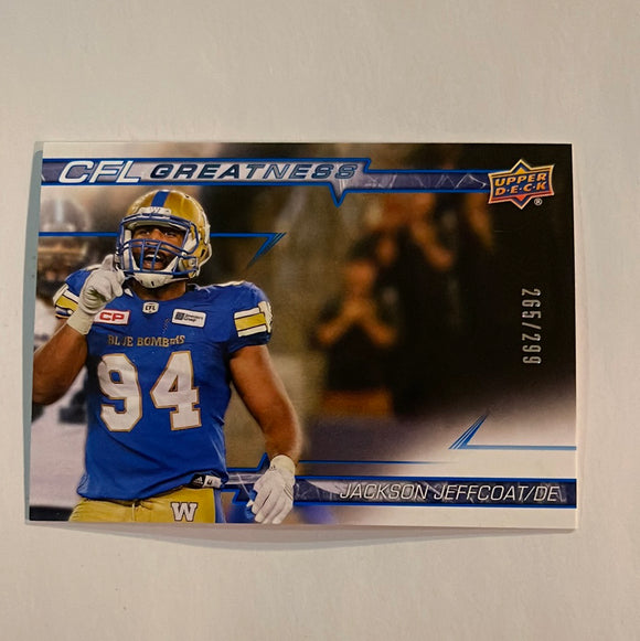 2023 Upper Deck CFL - Canadian Football League -Blue - #265/299 - CFL Greatness - CG-JJ Jackson Jeffcoat - Winnipeg Blue Bombers