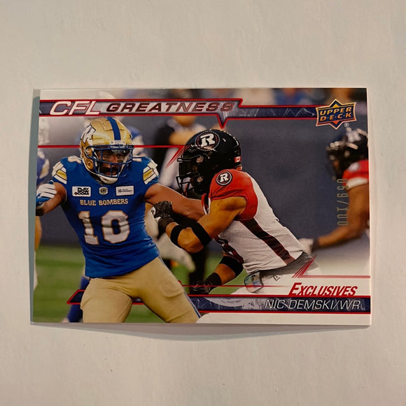 2023 Upper Deck CFL - Canadian Football League -Exclusives - #059/100 - CFL Greatness - CG-ND Nic Demski - Winnipeg Blue Bombers