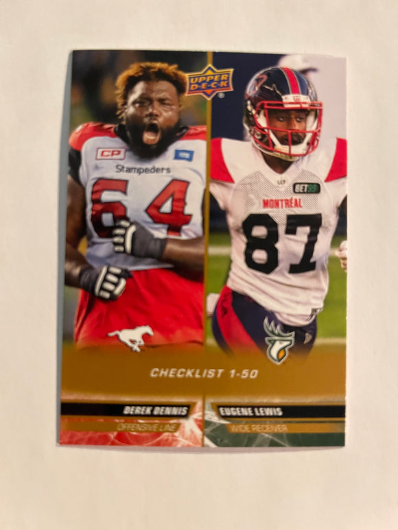 2023 Upper Deck CFL - Canadian Football League - Gold Glossy - 50 Derek Dennis/Eugene Lewis CL - Stampeders/Alouettes