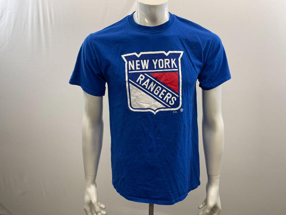 New York RANGERS Men's Blue Graphic Logo Short Sleeve Shirt Size Medium Cotton